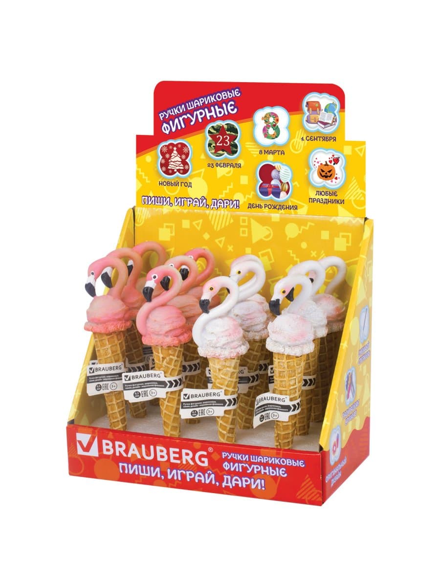 Ручка фигурная "МОРОЖЕНОЕ-ФЛАМИНГО", СИНЯЯ, 4 дизайна ассорти, 0,5 мм, дисплей, BRAUBERG, 142764