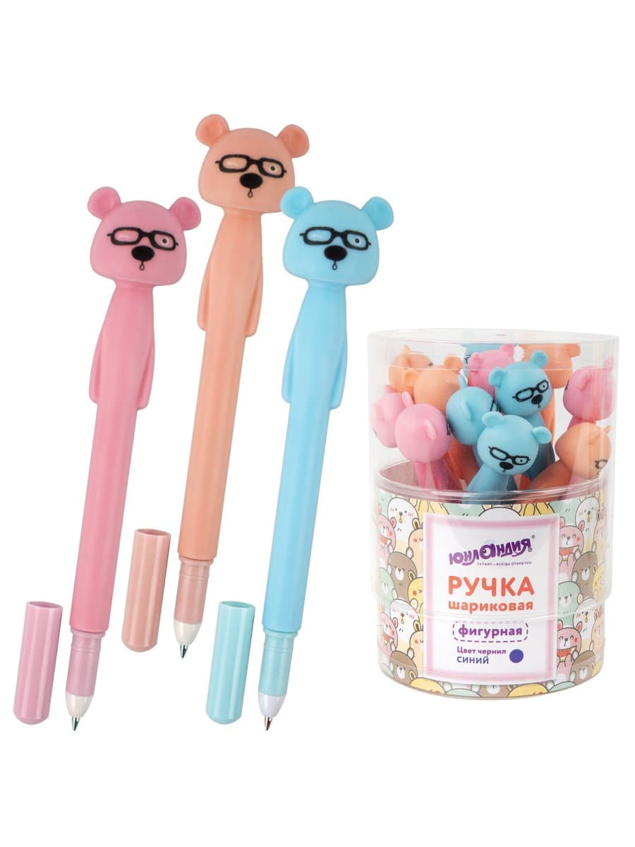Ручка фигурная шариковая ЮНЛАНДИЯ "Мишка", мягкий силиконовый корпус, ассорти, СИНЯЯ, пишущий узел 0,7 мм, 143780
