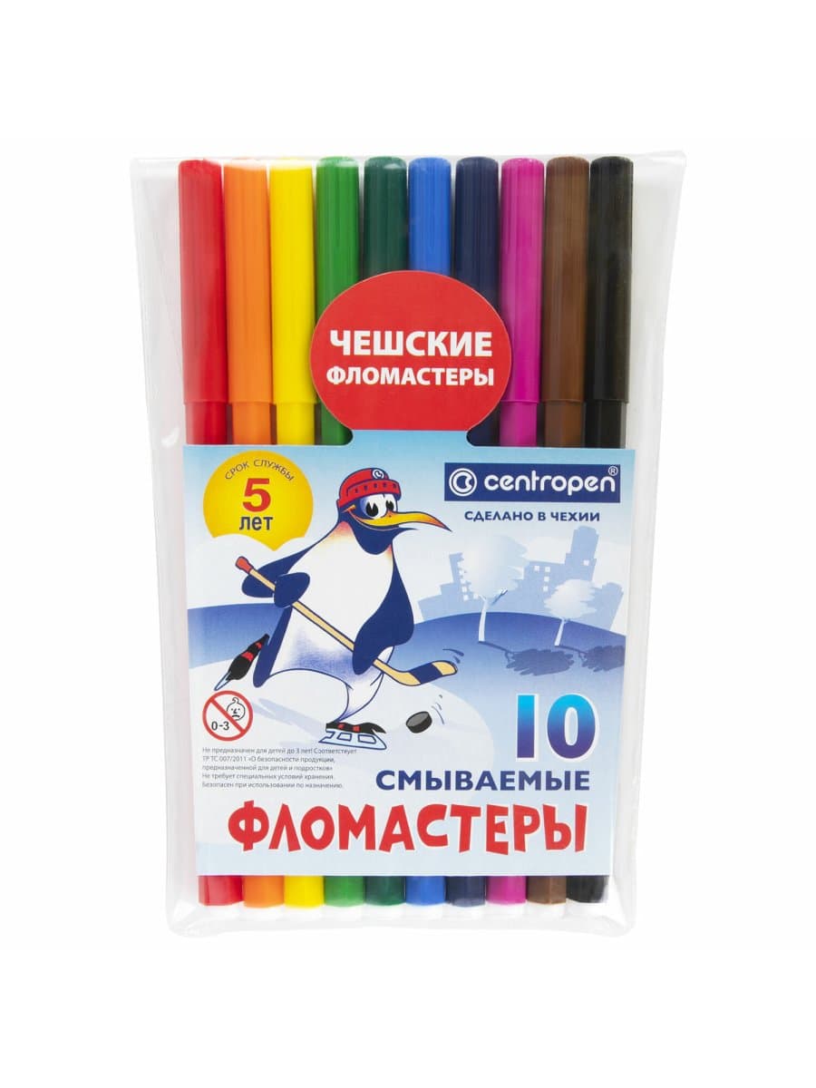Фломастеры 10 ЦВЕТОВ CENTROPEN "Пингвины", смываемые, вентилируемый колпачок, 7790/10ET, 7 7790 1086
