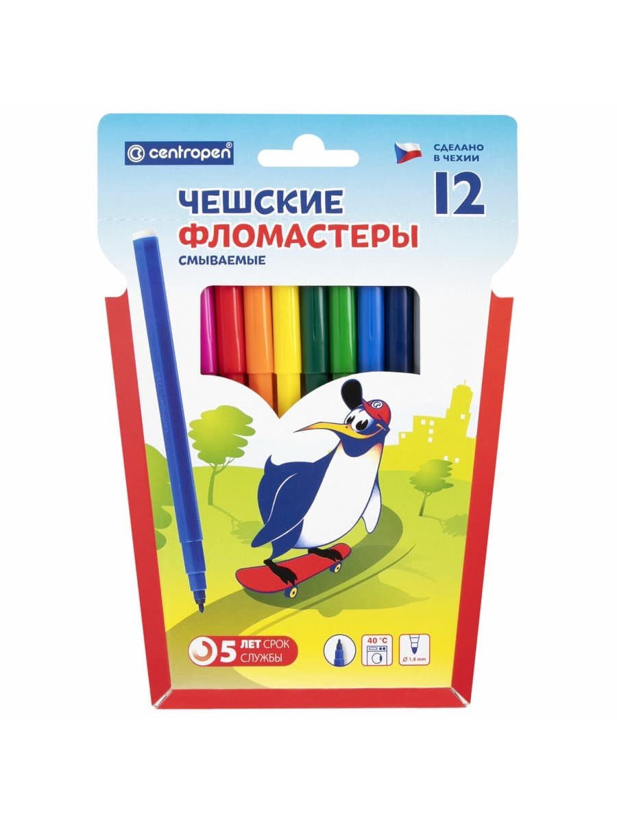 Фломастеры 12 ЦВЕТОВ CENTROPEN "Пингвины", смываемые, вентилируемый колпачок, 7790/12ET, 7 7790 1286