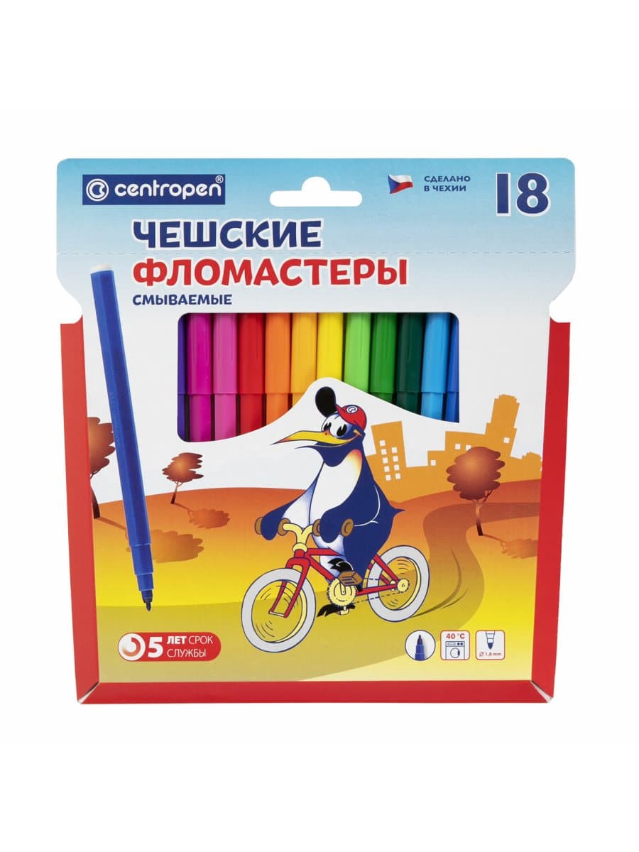 Фломастеры 18 ЦВЕТОВ CENTROPEN "Пингвины", смываемые, вентилируемый колпачок, 7790/18ET, 7 7790 1886