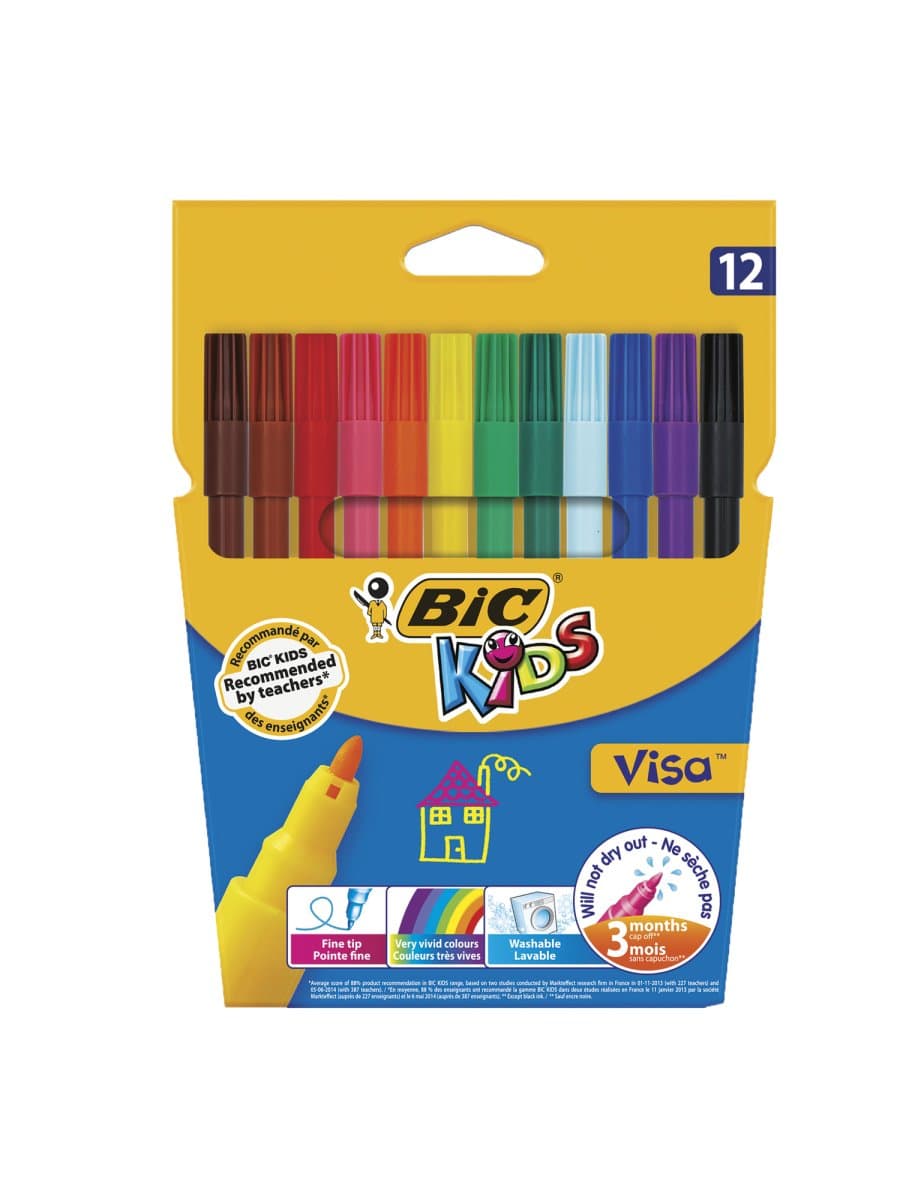 Фломастеры BIC "Kids Visa", 12 ЦВЕТОВ, суперсмываемые, вентилируемый колпачок, европодвес, 889695, 888695