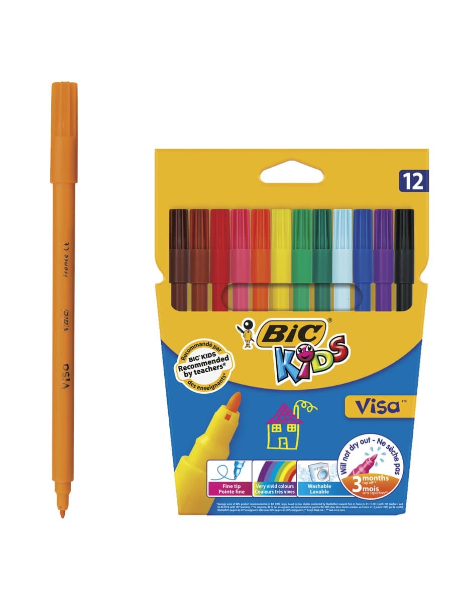 Фломастеры BIC "Kids Visa", 12 ЦВЕТОВ, суперсмываемые, вентилируемый колпачок, европодвес, 889695, 888695