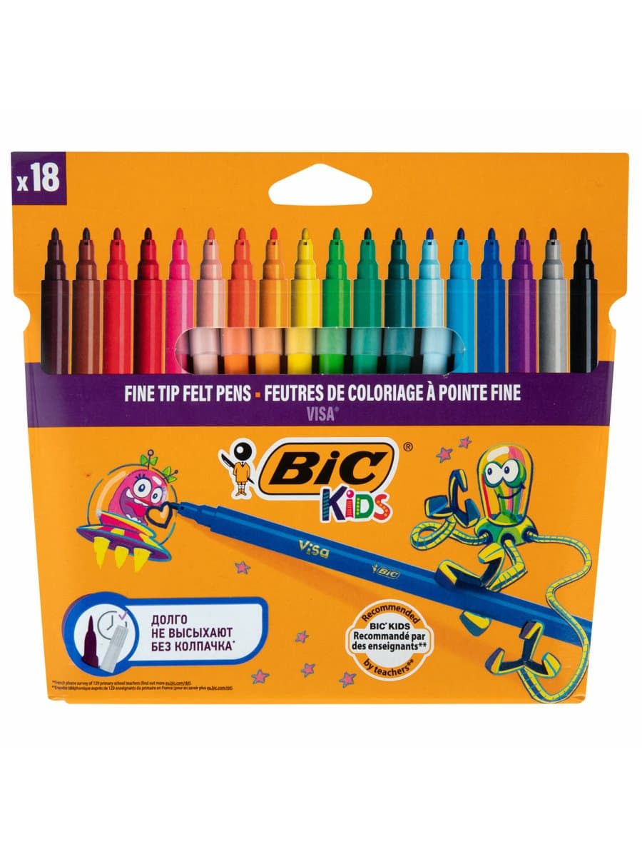 Фломастеры BIC "VISA", 18 цветов, суперсмываемые, вентилируемый колпачок, европодвес, 888681