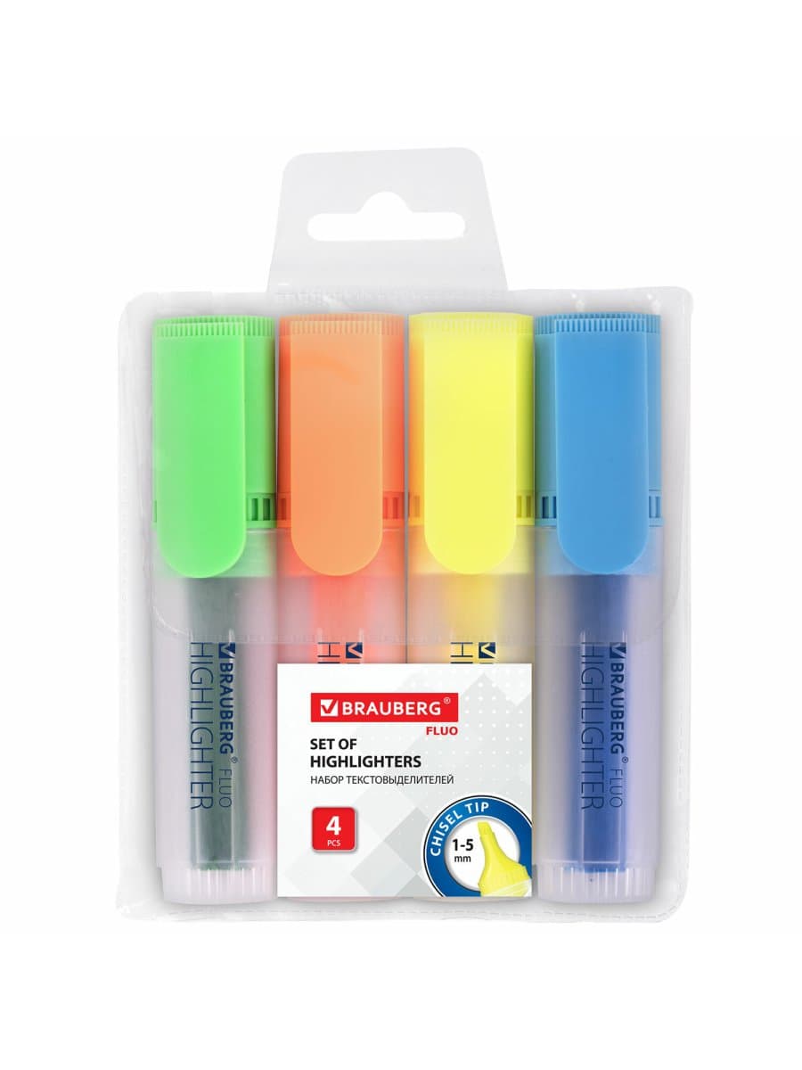 Набор текстовыделителей BRAUBERG 4 шт., АССОРТИ, "FLUO", линия 1-5 мм, 150403