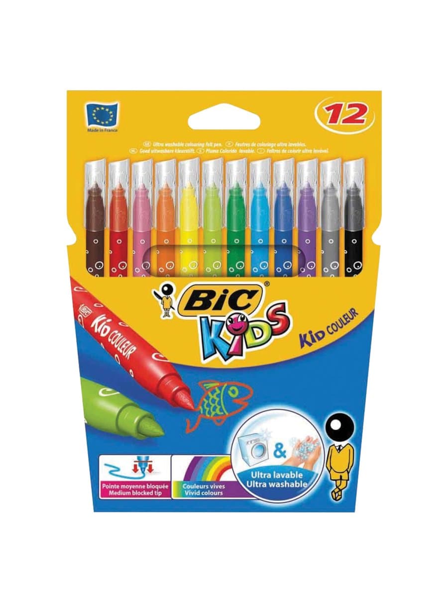 Фломастеры BIC "Kid Couleur", 12 цветов, суперсмываемые, вентилируемый колпачок, европодвес, 9202932