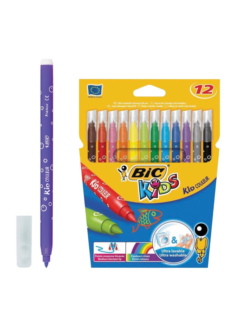 Фломастеры BIC "Kid Couleur", 12 цветов, суперсмываемые, вентилируемый колпачок, европодвес, 9202932