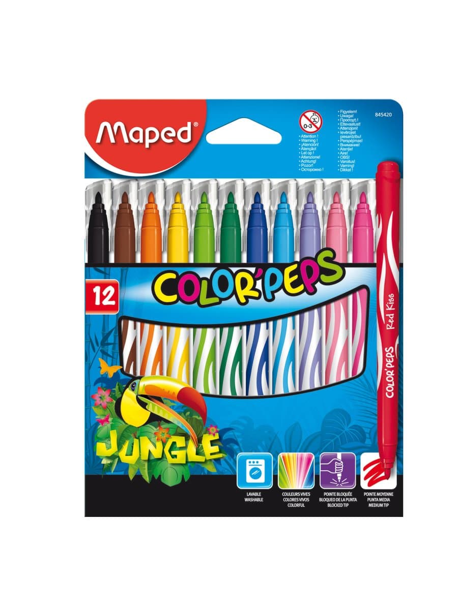 Фломастеры MAPED (Франция) "Color'Peps Jungle", 12 цветов, смываемые, вентилируемый колпачок, 845420
