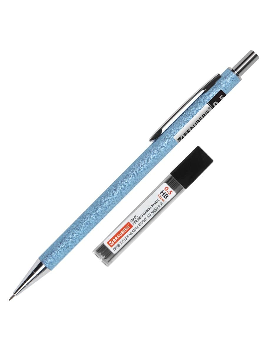 Карандаш механический 0,5 мм + грифели HB 12 штук на блистере, BRAUBERG "LIGHT BLUE", 181970