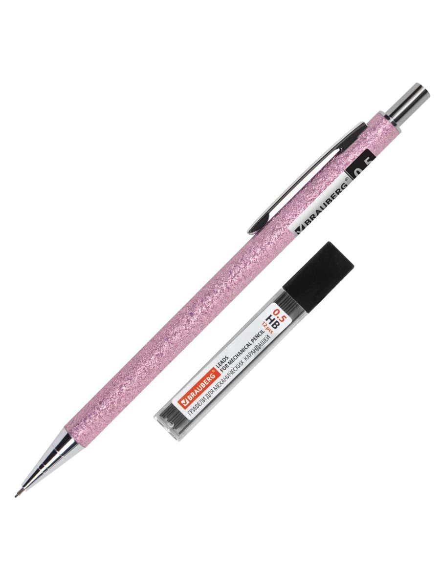 Карандаш механический 0,5 мм + грифели HB 12 штук на блистере, BRAUBERG "ROSE PINK", 181971