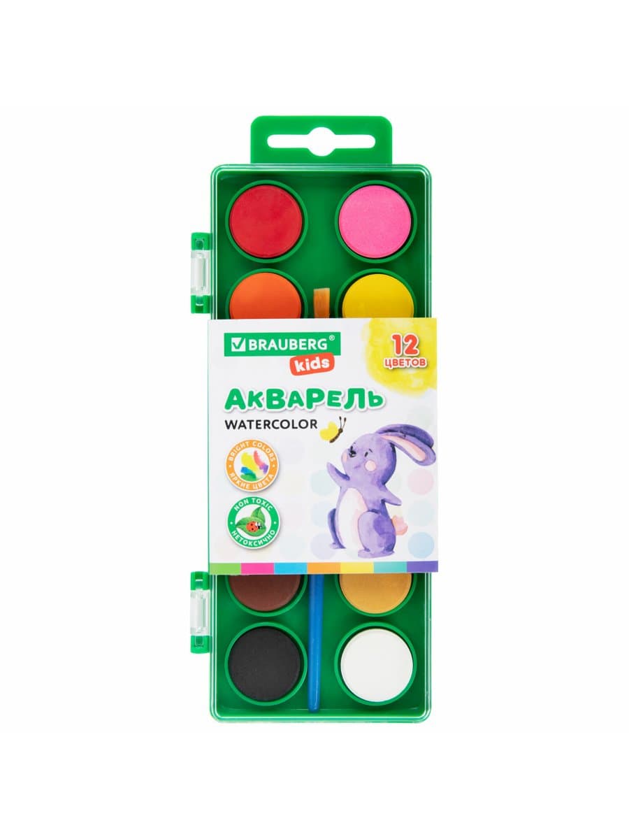 Краски акварельные BRAUBERG KIDS, 12 ярких цветов, круглые кюветы, пластиковый пенал, 191806