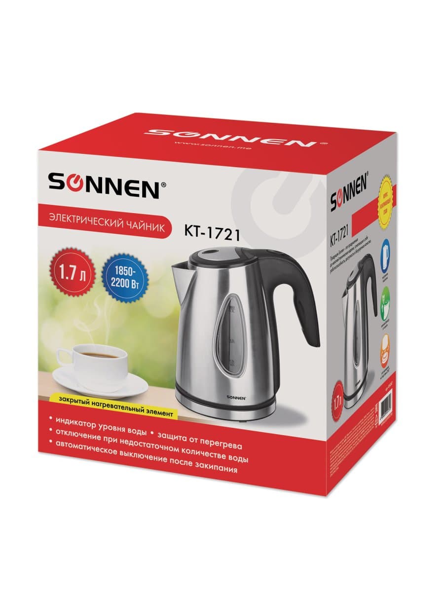 Чайник SONNEN KT-1721, 1,7 л, 2200 Вт, закрытый нагревательный элемент, нержавеющая сталь, черный, подсветка, 454347