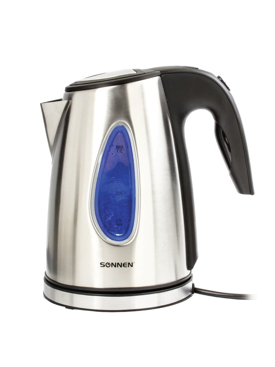 Чайник SONNEN KT-1721, 1,7 л, 2200 Вт, закрытый нагревательный элемент, нержавеющая сталь, черный, подсветка, 454347