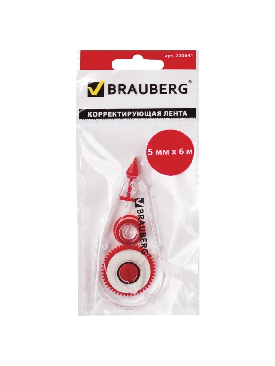 Корректирующая лента BRAUBERG RED POWER, 5 мм х 6 м, корпус прозрачный, механизм перемотки, европодвес, 220641