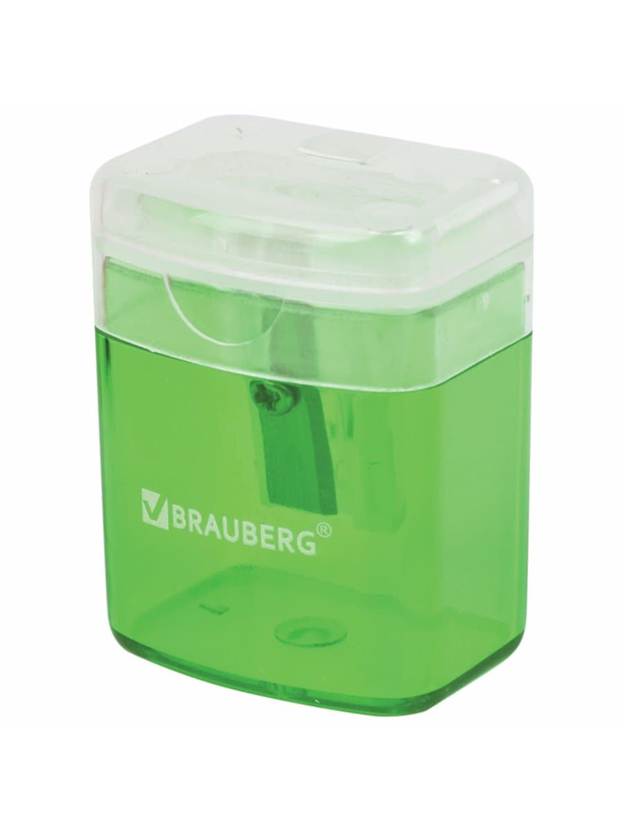 Точилка BRAUBERG "OfficeBox", с контейнером и крышкой, прямоугольная, в упаковке с подвесом, ассорти, 222494