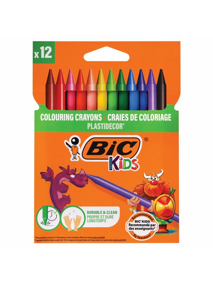 Мелки пластиковые BIC "Plastidecor", 12 цветов, ультрапрочные, круглые, картонная упаковка, подвес, 945764