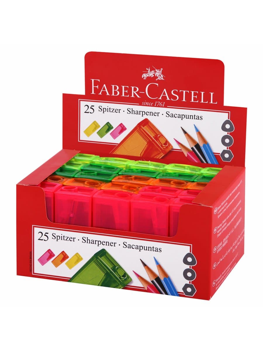 Точилка FABER-CASTELL, с контейнером, прямоугольная, пластиковая, детали флуоресцентные, ассорти, 581525