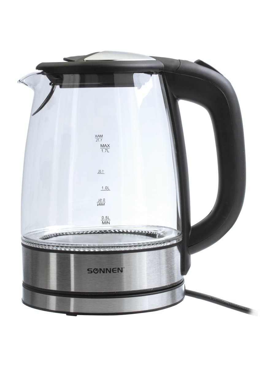 Чайник SONNEN KT-1788, 1,7 л, 2200 Вт, закрытый нагревательный элемент, стекло, черный, подсветка, 454349