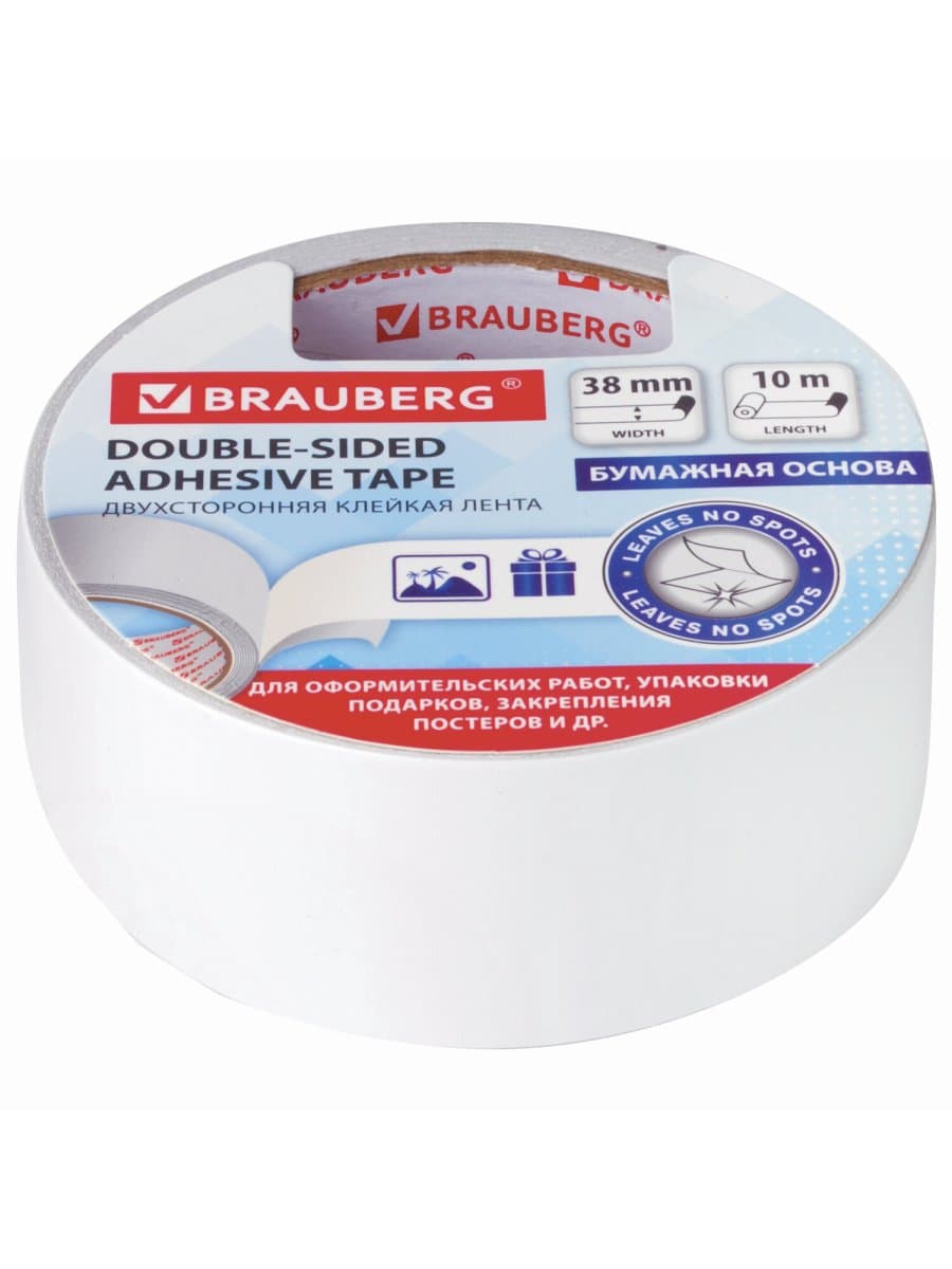 Клейкая двухсторонняя лента 38 мм х 10 м, БУМАЖНАЯ ОСНОВА, BRAUBERG, 229056