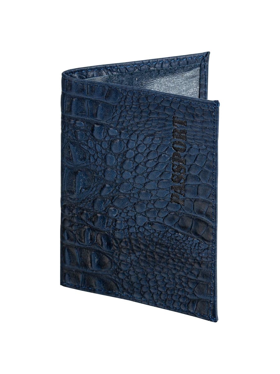 Обложка для паспорта натуральная кожа кайман, "PASSPORT", темно-синяя, BRAUBERG, 237196