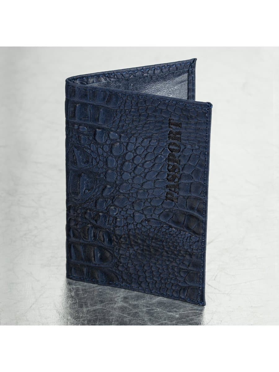 Обложка для паспорта натуральная кожа кайман, "PASSPORT", темно-синяя, BRAUBERG, 237196