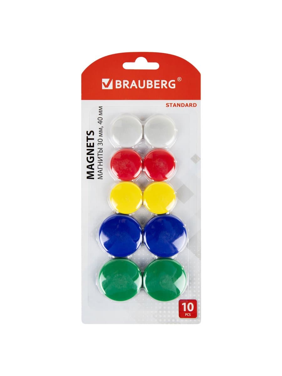 Магниты BRAUBERG "STANDARD", НАБОР 30 мм - 6 шт., 40 мм - 4 шт., ассорти, 237471