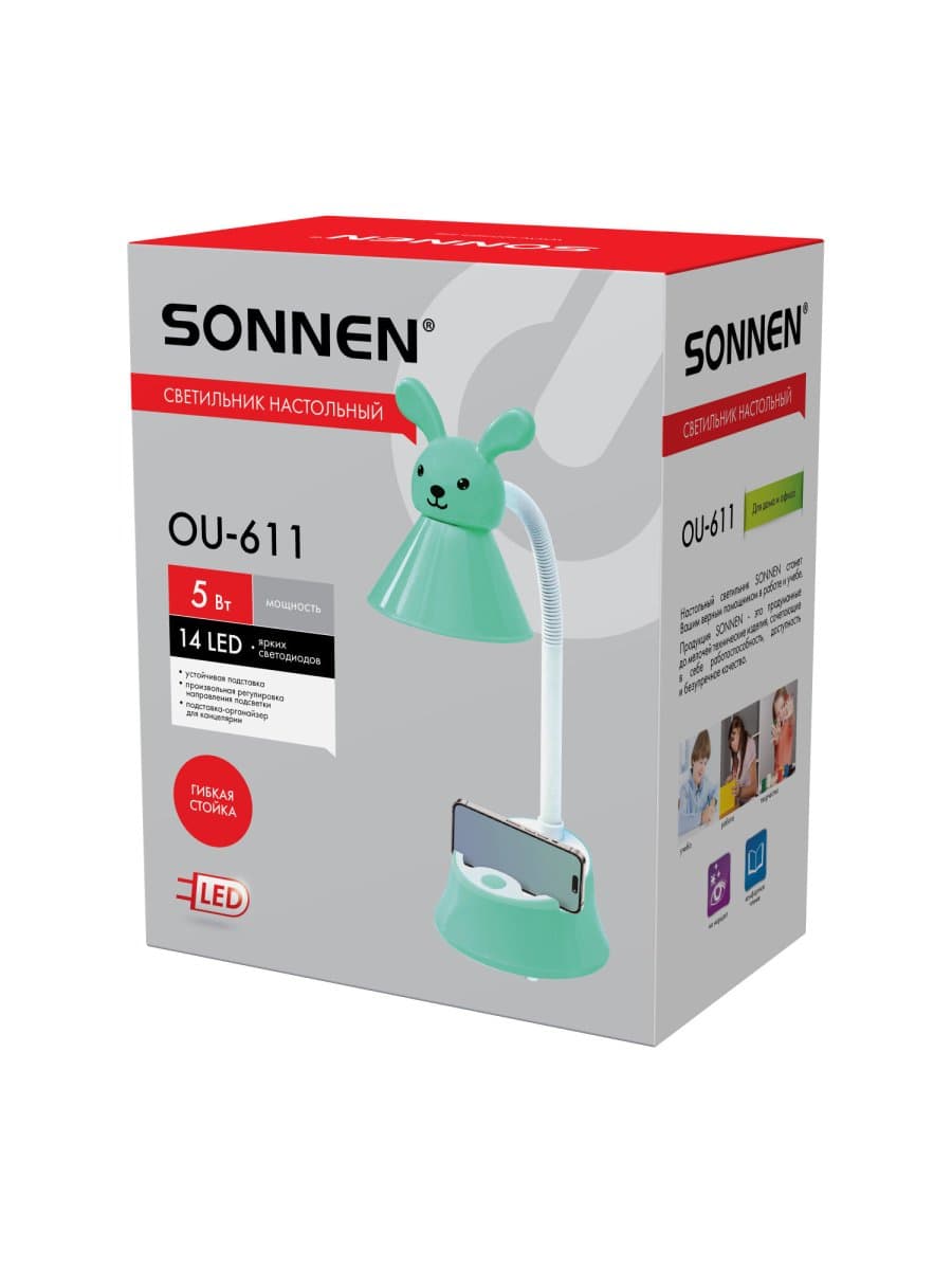 Настольная лампа / светильник SONNEN OU-611 на подставке, СВЕТОДИОДНАЯ, "SWEET BUNNY", 5 Вт, зеленый, 237642