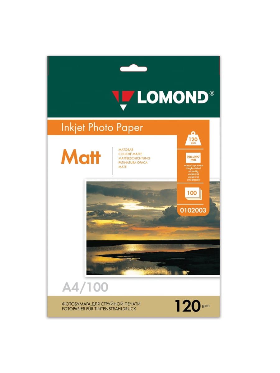 Фотобумага матовая, А4, 120 г/м2, односторонняя, 100 листов, LOMOND, 0102003