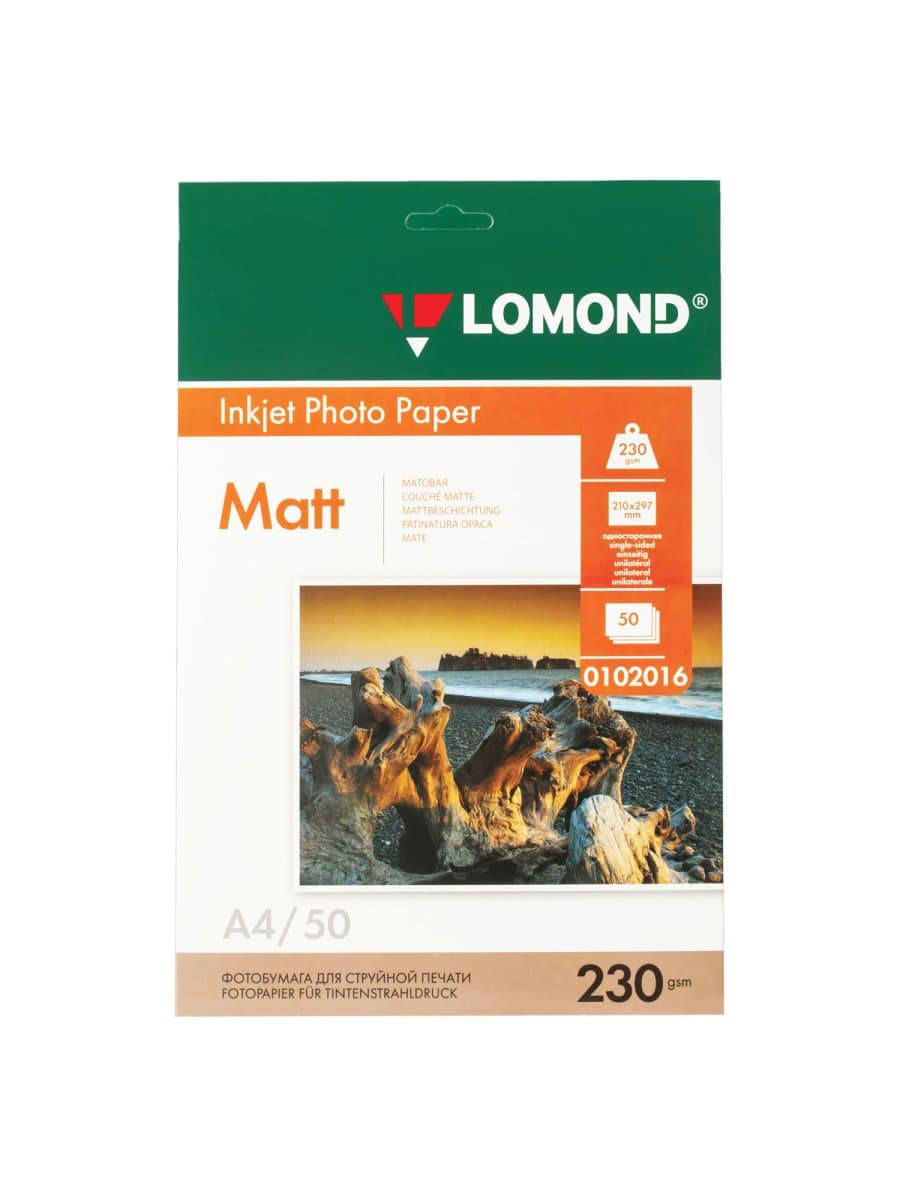 Фотобумага матовая, А4, 230 г/м2, односторонняя, 50 листов, LOMOND, 0102016