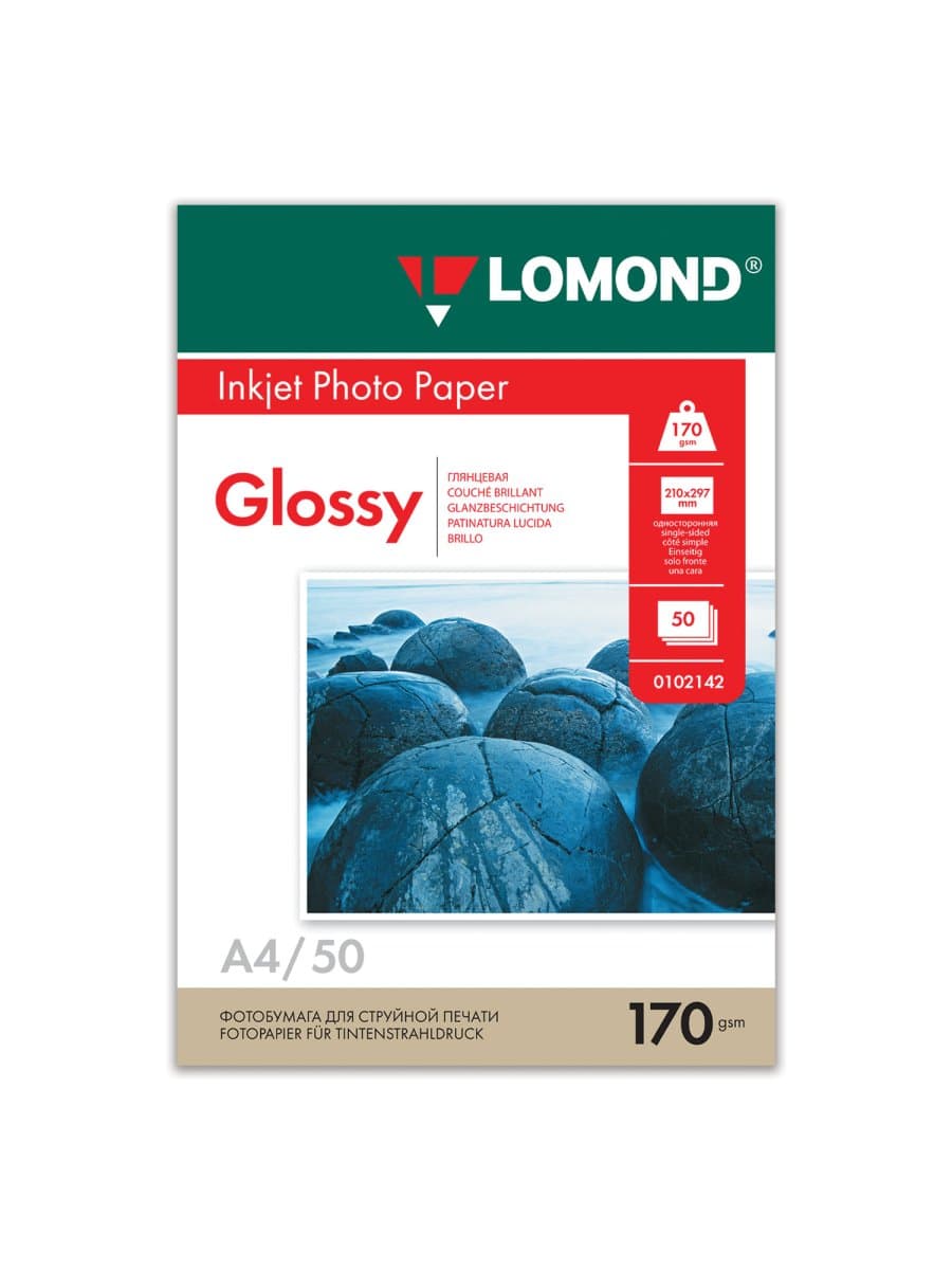 Фотобумага глянцевая, А4, 170 г/м2, односторонняя, 50 листов, LOMOND, 0102142
