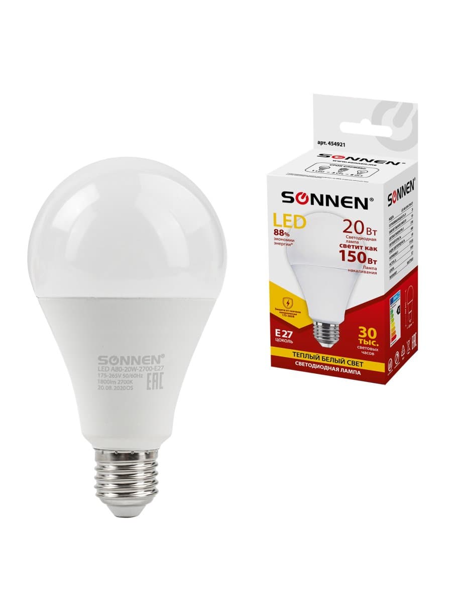 Лампа светодиодная SONNEN, 20 (150) Вт, цоколь Е27, груша, теплый белый, 30000 ч, LED A80-20W-2700-E27, 454921