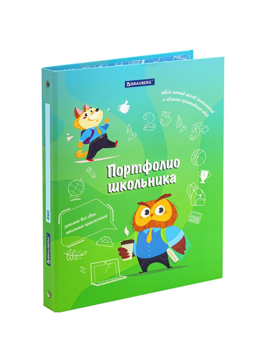 Папка-портфолио школьника "ОТЛИЧНИК", 4 кольца, 20 файлов, 10 вкладышей, 7БЦ матовая, BRAUBERG, 115240
