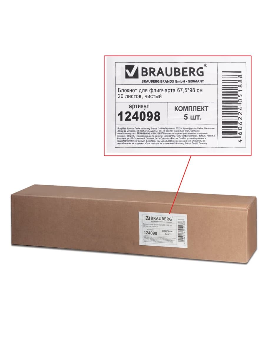 Блокноты для флипчарта ПЛОТНЫЕ 80 г/м2, BRAUBERG, 67,5х98 см, КОМПЛЕКТ 5 шт., 20 л., чистые, 124098