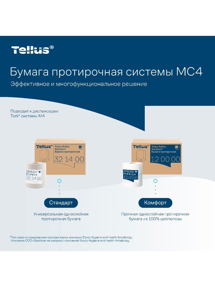 Бумага протирочная с центральной вытяжкой 270 метров, Tellus/TORK Reflex (M4) 1-слойная, КОМПЛЕКТ 6 рулонов, 120000