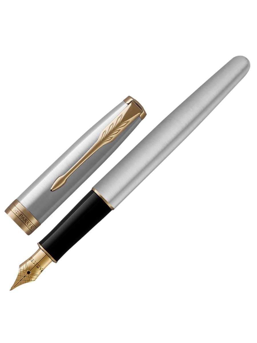 Ручка перьевая PARKER "Sonnet Core Stainless Steel GT", корпус серебристый, позолоченные детали, черная, 1931504
