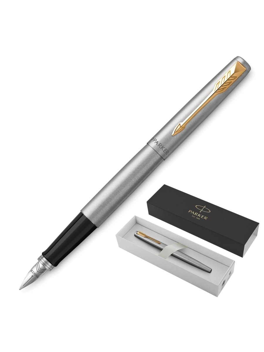 Ручка перьевая PARKER "Jotter Stainless Steel GT", корпус серебристый, позолота, синяя, 2030948