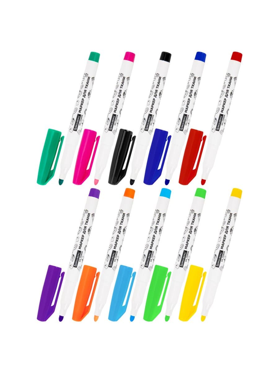Маркеры для ткани 10 ЦВЕТОВ, TEXTILE MARKER, несмываемые, круглый наконечник 1-3 мм, BRAUBERG, 152656