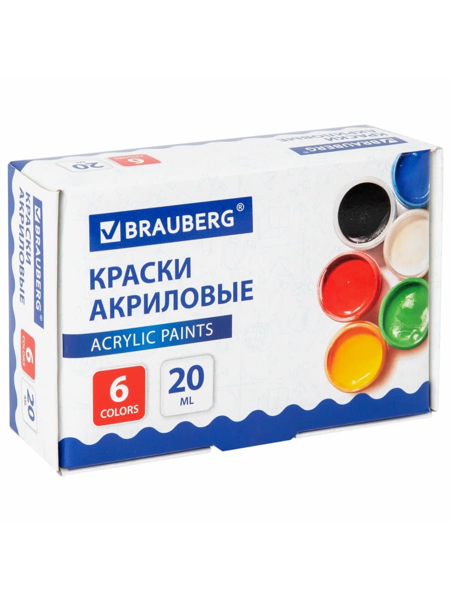 Краски акриловые для рисования и творчества 6 цветов по 20 мл, BRAUBERG, 192562