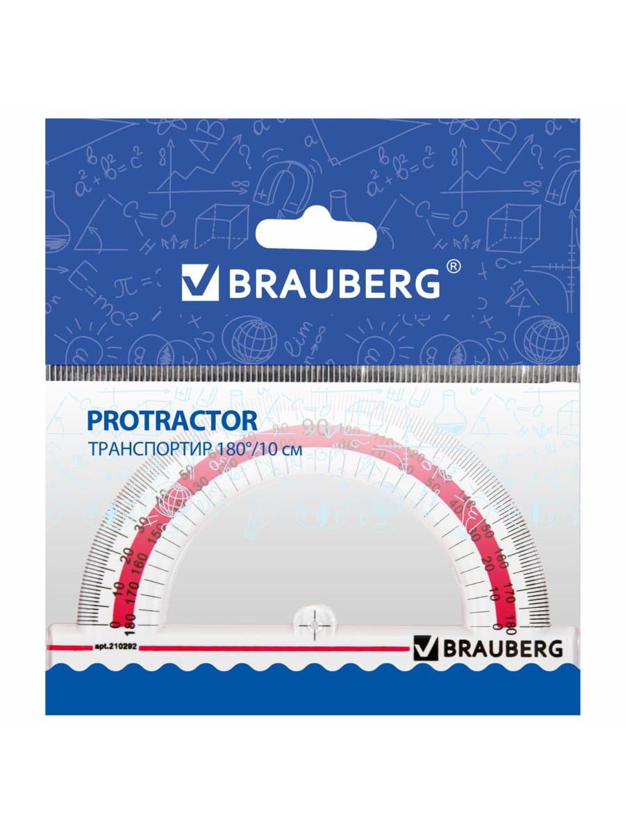 Транспортир 10 см, 180 градусов, пластиковый, BRAUBERG "Crystal", прозрачный, с выделенной шкалой, подвес, 210292