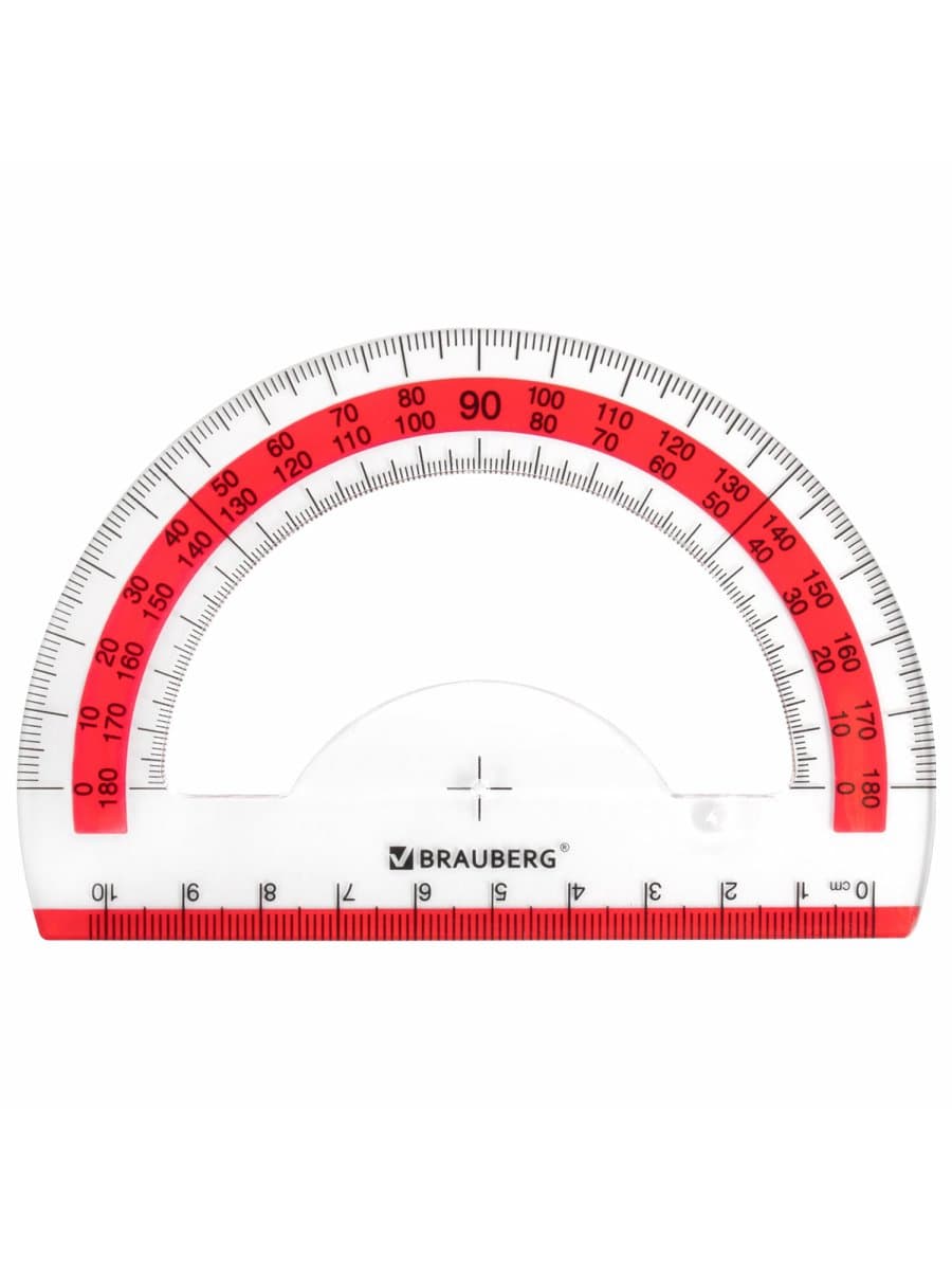 Транспортир 10 см BRAUBERG "FRESH ZONE", 180 градусов, пластик, прозрачный, красная шкала, 210760