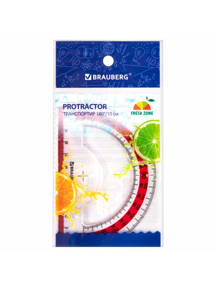 Транспортир 10 см BRAUBERG "FRESH ZONE", 180 градусов, пластик, прозрачный, красная шкала, 210760