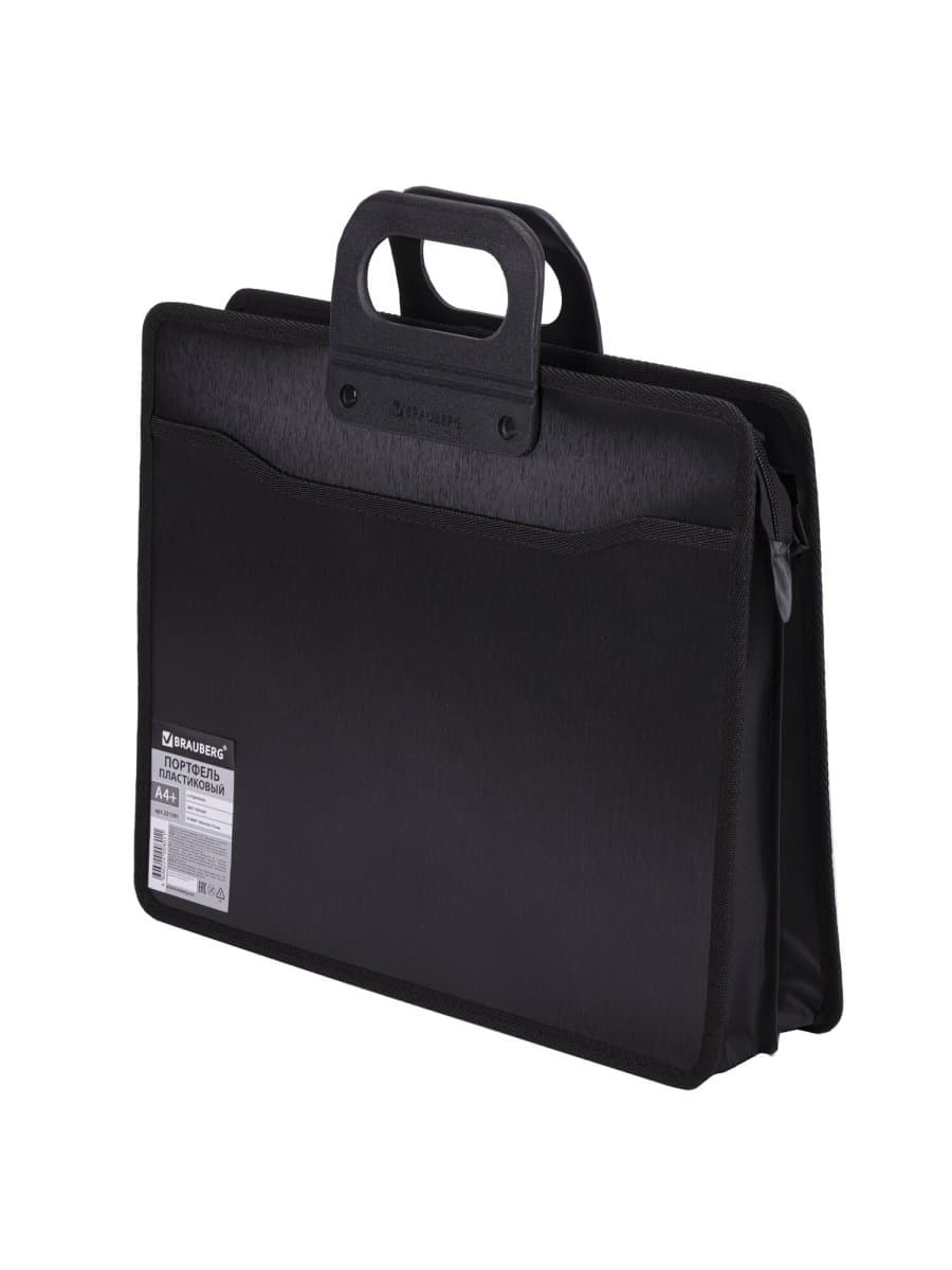Папка-портфель пластиковая BRAUBERG А4+ (390х320х120 мм), 4 отделения, фактура под дерево, черная, 221391