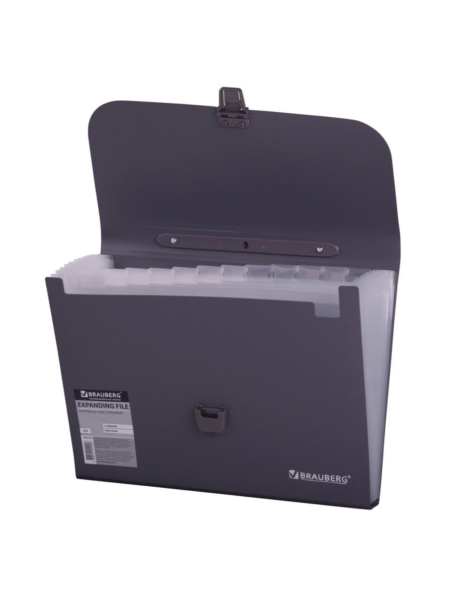 Папка-портфель пластиковая BRAUBERG А4 (327х254х30 мм), 13 отделений, серая, 221438