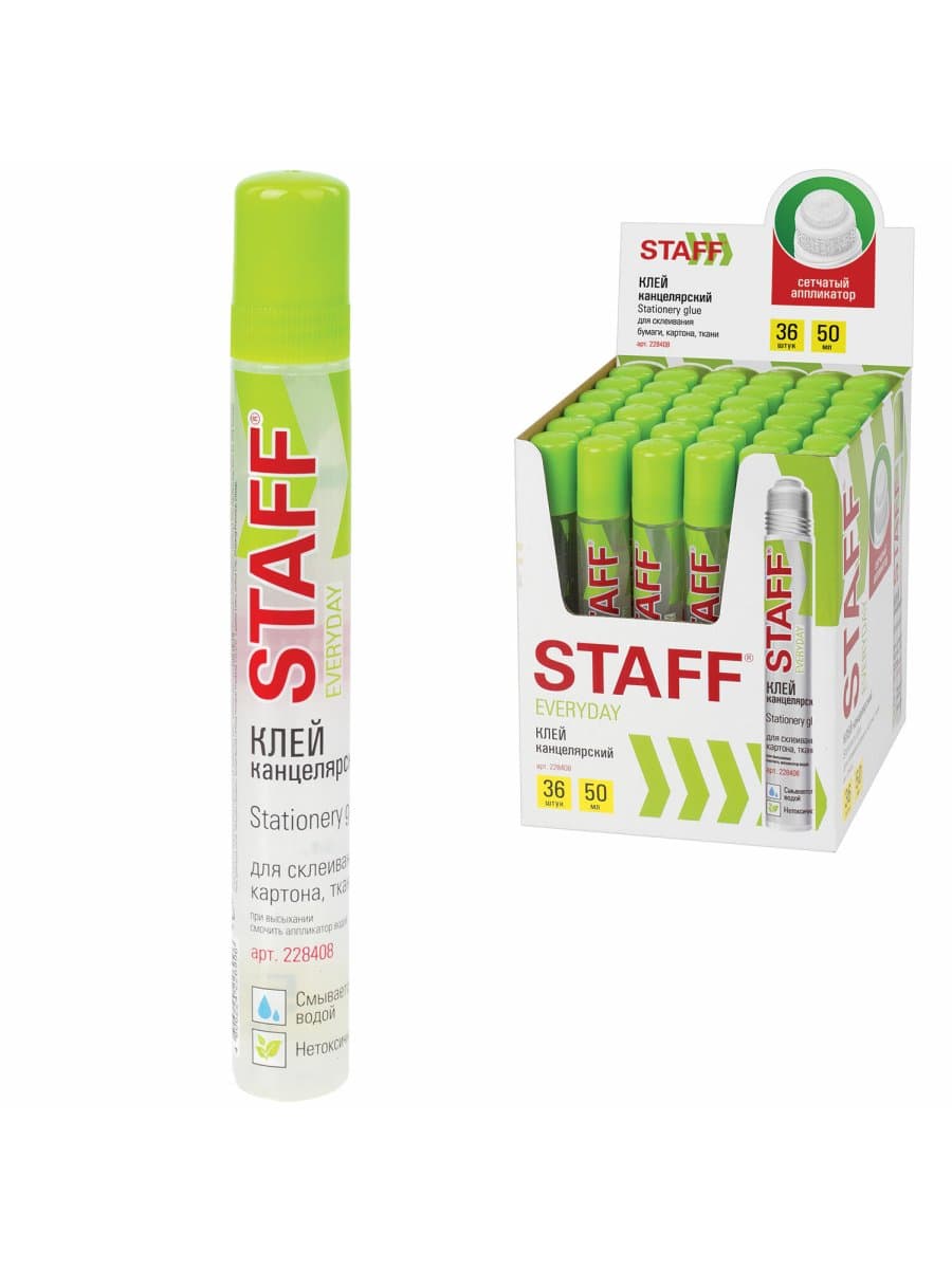 Клей канцелярский STAFF EVERYDAY, 50 мл, сетчатый аппликатор, 228408