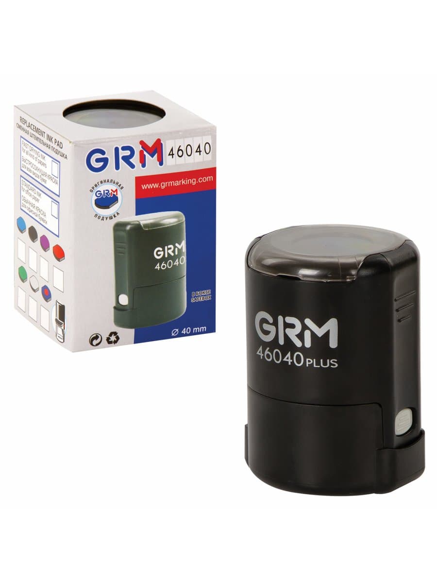 Оснастка для печатей, оттиск D=40 мм, синий, GRM 46040, корпус черный, крышка, подушка, 120900004