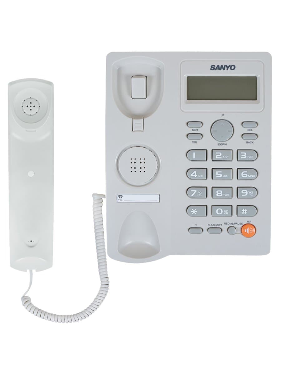 Телефон SANYO RA-S306W, спикерфон, память 50 номеров, тональный / импульсный режим, белый