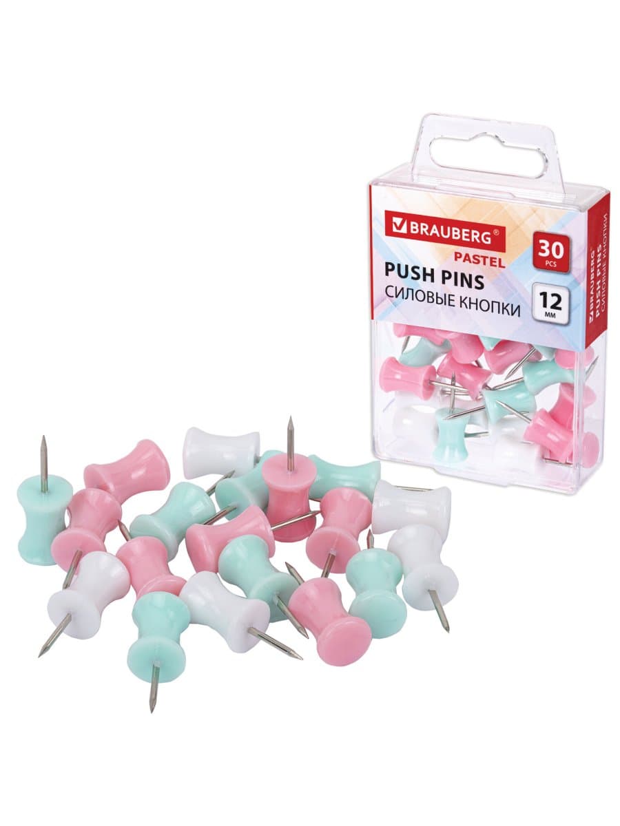 Силовые кнопки-гвоздики BRAUBERG PASTEL, пастельные цвета, 30 штук, 12 мм, 272756