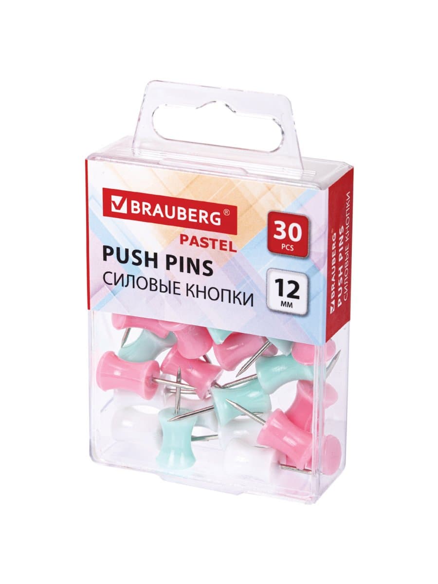 Силовые кнопки-гвоздики BRAUBERG PASTEL, пастельные цвета, 30 штук, 12 мм, 272756