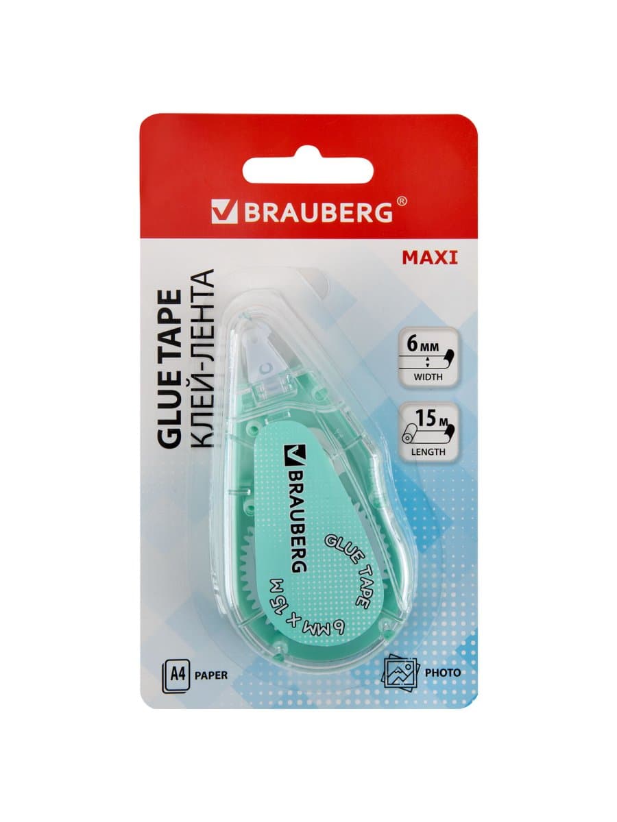Клей-лента BRAUBERG MAXI, 6 мм х 15 м, корпус зеленый, блистер, 273029