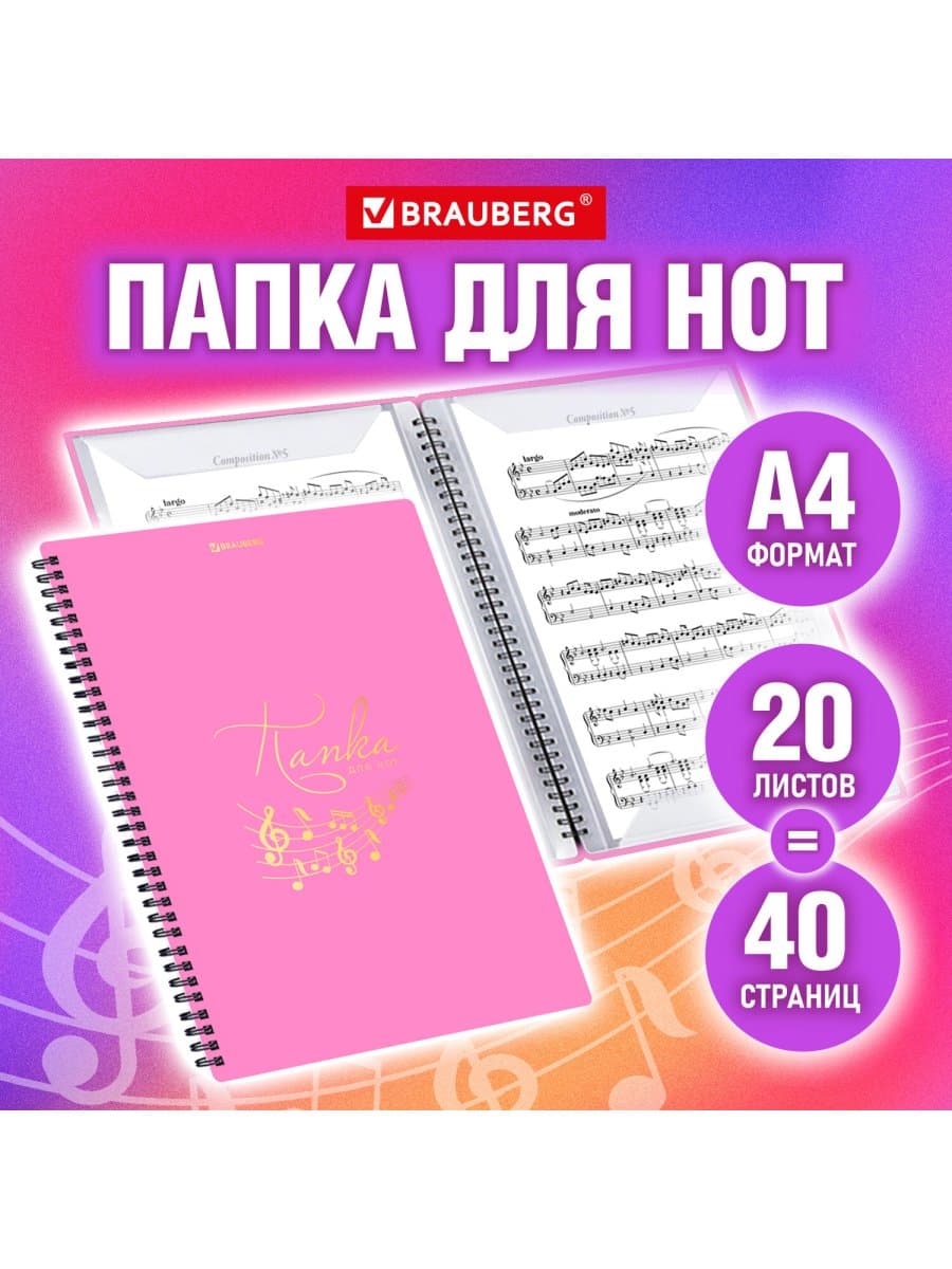 Папка-тетрадь для нот А4, 20 вкладышей на 40 страниц, на гребне, пластик, РОЗОВАЯ, BRAUBERG, 404642